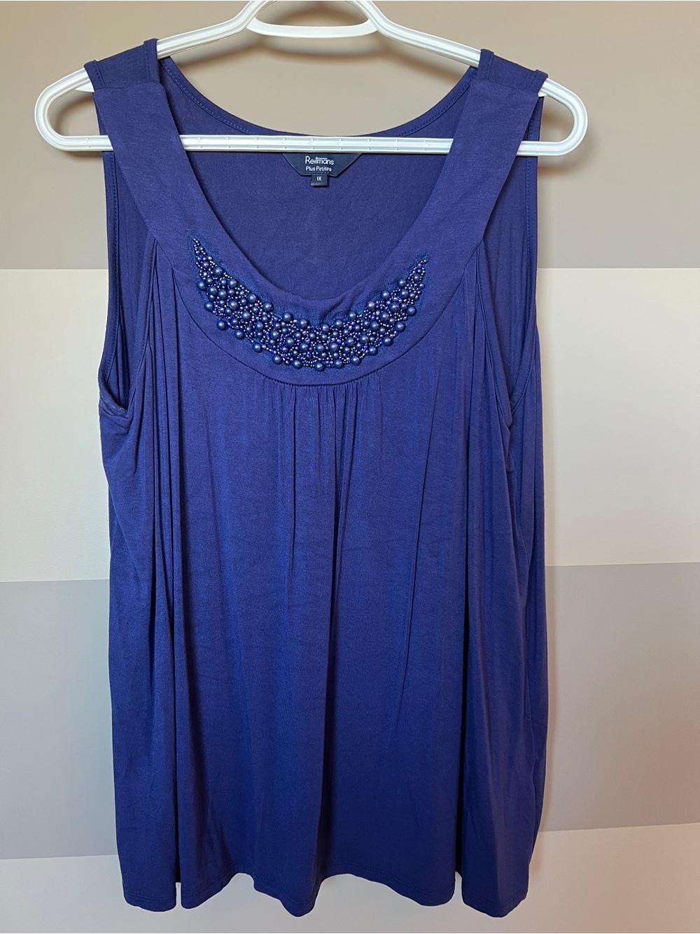 Laura Petite Plus Tank Top 1X - purple-blue with decorative pearl scoop neck